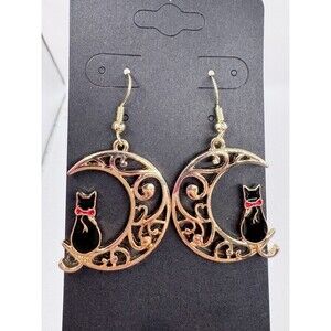 Cat Earrings Black Cat On Crescent Moon Halloween Filigree  Gold Tone